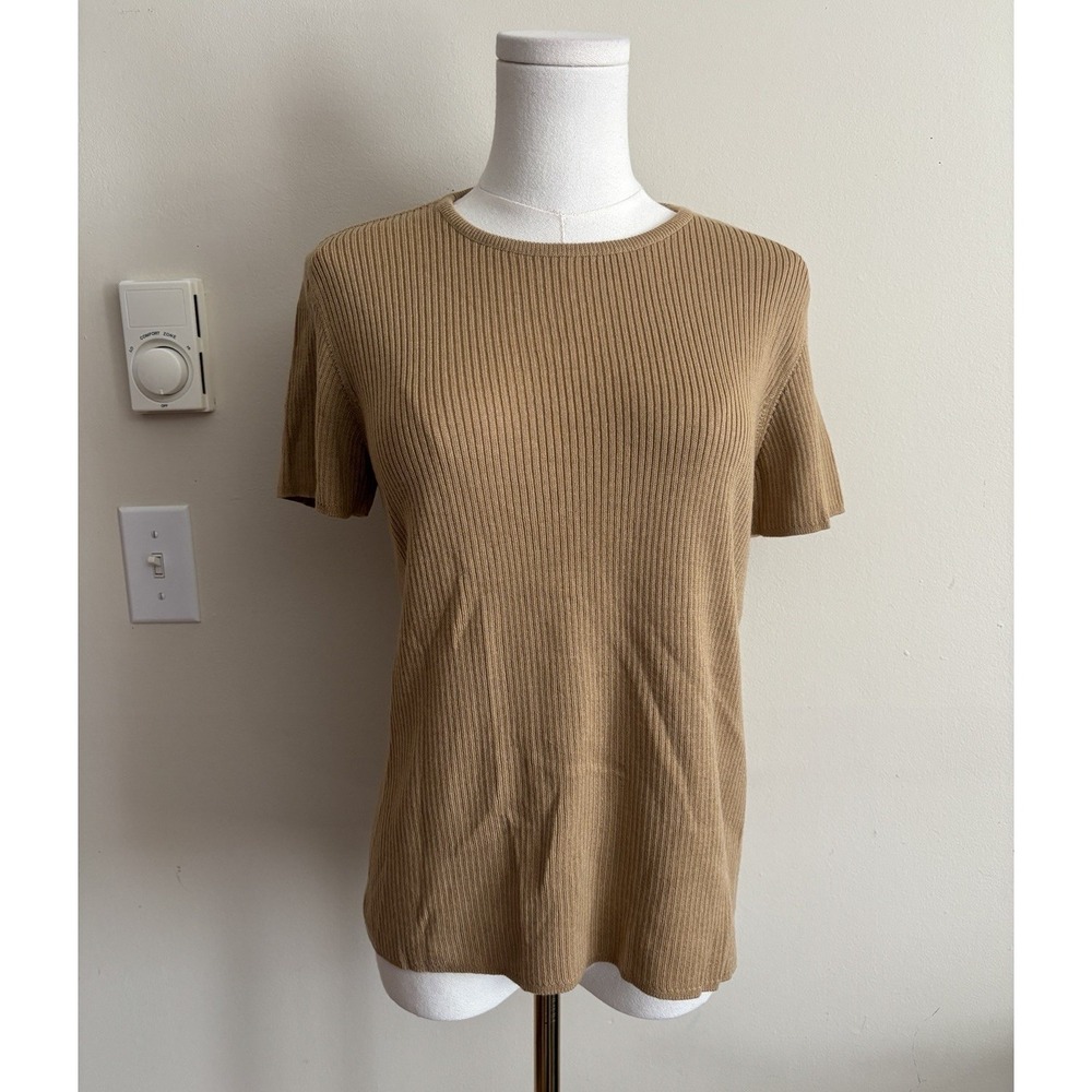 Saks Fifth Avenue Real Clothes Womens Large Rib Knit Top 100% Merino Wool Tan